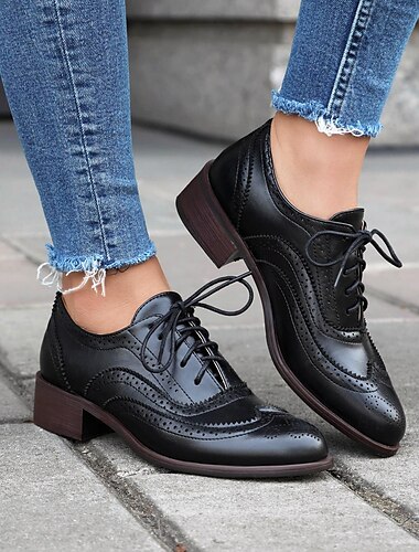 Braune Brogue-Oxford-Schuhe aus Kunstleder für Damen – flache Schnürschuhe im Vintage-Stil mit Flügelkappen-Details für die Freizeit oder formelle Kleidung