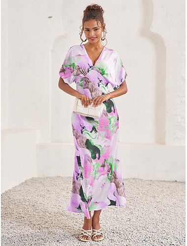  Damen Hochzeitsgastkleid elegantes Batik-Maxikleid Kurzarm V-Ausschnitt Print lockere Passform Alltagskleid weiß blau lila Sommerkleid
