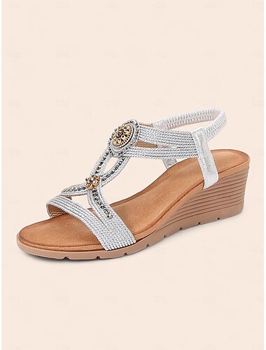  Damen Sandalen Boho Sandalen mit Keilabsatz Urlaub Strand Reise Strass Keilabsatz Böhmen Urlaub Modisch Kunstleder Glanz Metallisches PU-Leder Gummiband Schwarz Silber Gold