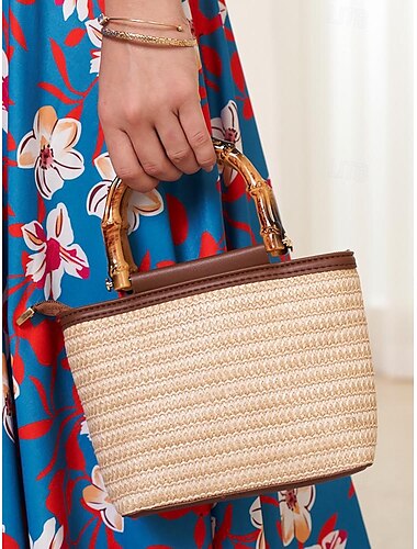  Damen Handtasche Umhängetasche Schultertasche Bucket-Taschen Strohsack Stroh Festtage Strand Reise Bambusgriff Hohe Kapazität Multi-Carry Feste Farbe Patchwork Beige