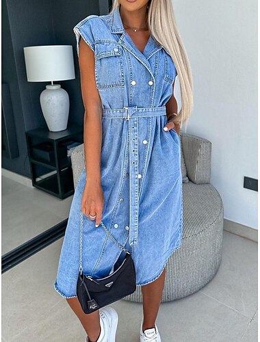  Damen Jeanskleider blusenkleid Midikleid Verabredung Urlaub Denim Basic Modern Hemdkragen Tasche Angeschnallt Kurzarm Sommer Frühling Regular Fit Glatt