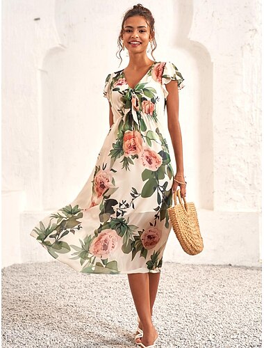  dames midi-jurk bloemen v-hals a-lijn fladdermouw rozenpatroon lichtgewicht zomer tuinfeest bruiloft gast brunch zwierig vrouwelijk wit roze groen