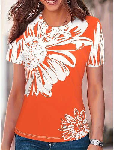  Damen T-Shirt Casual Print Kurzarm Normal Oberteile Rundhals Alltag Rot Sommer