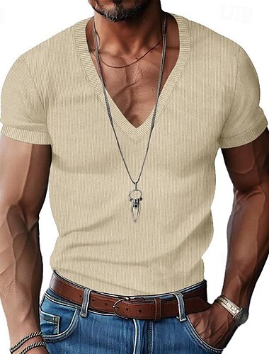  Herren T Shirt Cordhemd Geripptes Strick-T-Shirt Kurzarm Rundhalsausschnitt Einfarbig Streifen Mode Kord Urlaub Lässig Schwarz Grün Dunkelmarine Top T-Shirt für Herren
