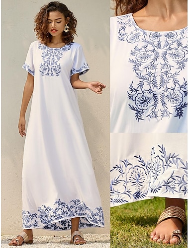  Dame Broderi Vintage kjole Midikjole Blomstret Rund hals Kortærmet Sommer Forår Hvid