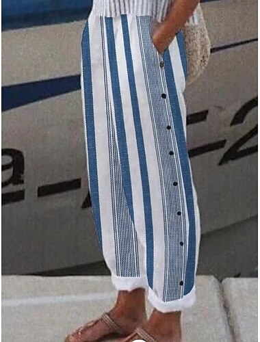 Damen Shorts aus Baumwollleinen Leinen-inspirierte Hosen Hose aus Baumwollleinen Alltagstauglich Lang Gestreift Kordelzug Seitentaschen Atmungsaktivität Bequem Unelastisch Wochenende Blau Frühling