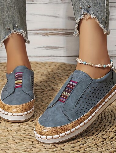  Weiße Slip-On-Freizeitschuhe für Damen – atmungsaktive Sneaker aus Kunstleder mit Korkbesatz und Gummiband zum Gehen, Reisen und für den Alltag