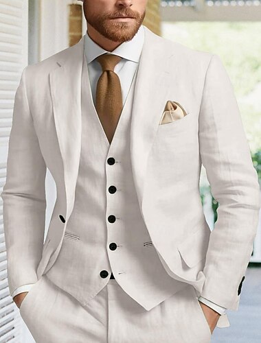 Herren Leinenanzüge Strandhochzeit Hochzeit Beige Frühling, Herbst, Winter, Sommer Anzug Einfarbig Figurbetonter Schnitt 3-teilig Einreiher - 1 Knopf