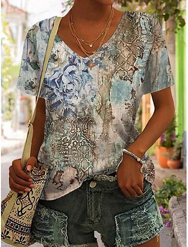  Damen T-Shirt Basic Neon&amp;heller abstrakter Druck Kurzarm normale Oberteile V-Ausschnitt Alltag Wochenende Gelb Blau Gold Hellblau