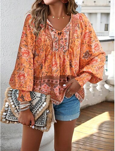  Damenbluse stylisch Boho Blumenmuster Bindeband vorne Laternenärmel Langarm Bindehals Alltag Pink Marineblau Orange Grün Sommer