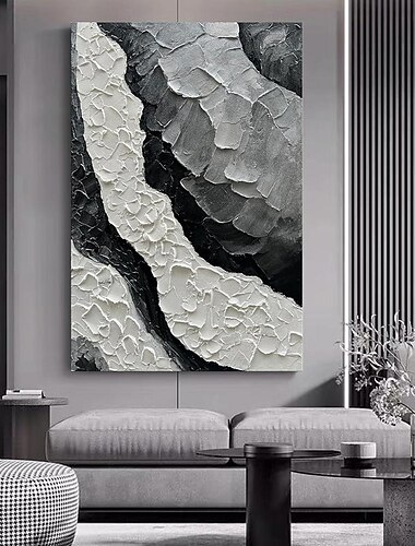  Pintura al óleo hecha a mano lienzo arte de la pared decoración textura abstracta negro blanco y gris para la decoración del hogar pintura enrollada sin marco sin estirar