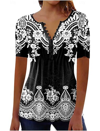  Dames Overhemd Blouse Bloemig Casual Korte mouw Strakke ronde hals Normale tops Vakantie Dagelijks Knop Afdrukken Zwart Wit Blozend Roze blauw Zomer
