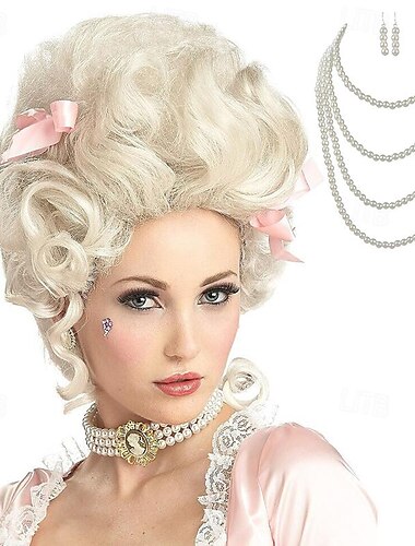  blonde Perücken für Damen, Cosplay-Perücke, lockige Marie-Antoinette-Perücke mit Stufenschnitt, mittellange platinblonde Kunsthaarperücke, 14 Zoll große Halloween-Perücke für Damen mit 2 Ohrringen
