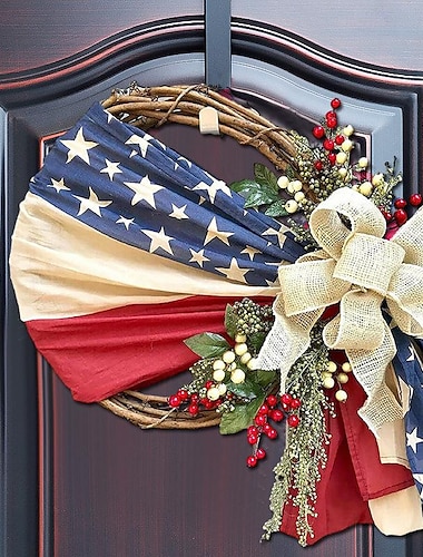  Couronne de fête de l'indépendance patriotique, couronne imprimée de drapeau américain, couronnes de guirlande rouge blanc bleu, couronnes de décoration murale du 4 juillet pour porte d'entrée,