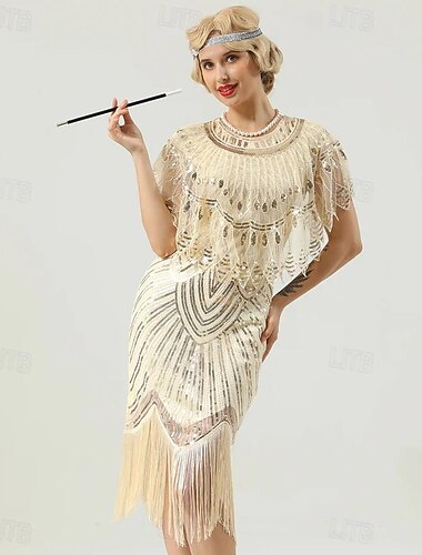  Flapper-Kleid für Damen im Stil der 1920er Jahre mit passendem Schal, Flapper-Girl im Stil der Goldenen 20er, Retro-Vintage-Midi-Cocktailkleid, Gatsby-Charleston-Kostüm, Pailletten-Kleid mit Quaste und Fransen für Halloween-Partys, Maskerade und Abschluss