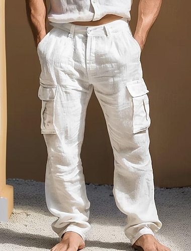  Voor heren Linnen broek Broek Zomerbroek Meerdere zakken Recht been Effen Comfort Ademend Volledige lengte Buiten Dagelijks Uitgaan Modieus Streetwear Zwart Wit