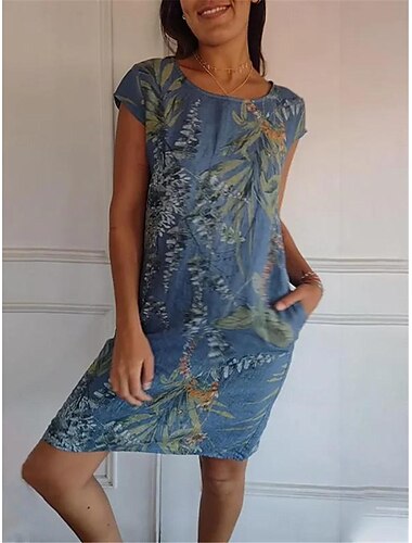  Damen Minikleid Leinen-inspirierte Kleider Baumwoll-Leinenkleid Sommerkleid Lässig Urlaub Täglich Strand Normale Passform Blumen Kurzarm Rundhalsausschnitt Weiß Blau Kamel Grau Sommer