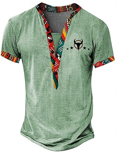  Herren Grafik Stammes Henley Hemd Kurzarm 3D-Druck Mode Designer Basic Täglich Sommer Gelb Grün Grau Stehkragen Henley T-Shirt