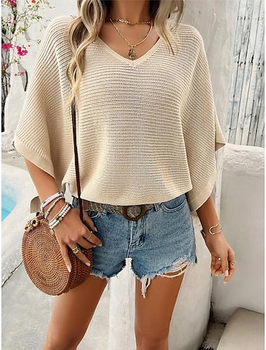  Damen Pullover Elegant Feste Farbe Gehäkelt V Ausschnitt Strick Halbe Ärmel Normale Oberteile Stricken Täglich Weinrot Weiß Sommer