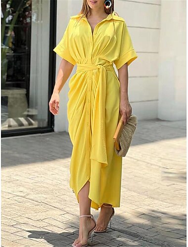  Damen Hemdblusenkleid Freizeitkleid Etuikleid Midikleid Date Urlaub Basic Modern Hemdkragen gerüscht Knopf Kurzarm Sommer Frühling Loose Fit einfarbig
