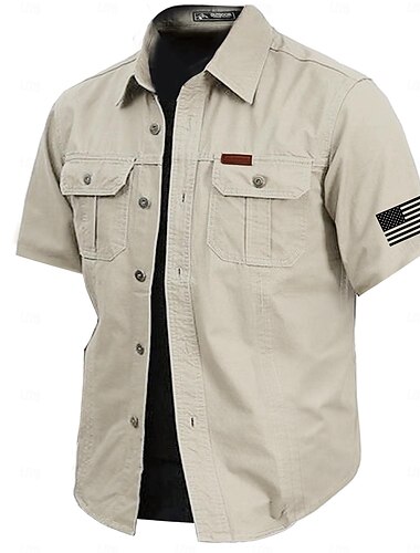  Herren Feste Farbe Hemd Westernhemd Cargo-Shirt Kurzarm Brautkleider schlicht Taktisch Urlaub Täglich Ausgehen Sommer Umlegekragen Kargen Tasche Armeegrün cremefarben Khaki Dunkelblau