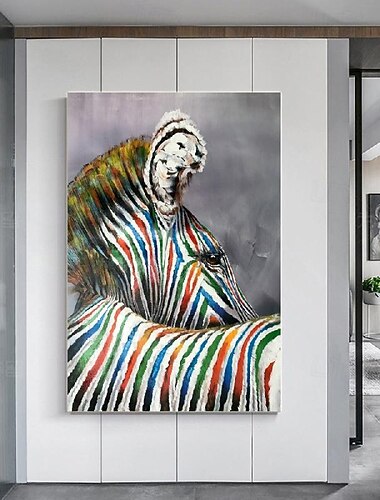  キャンバスに描かれた抽象的なカラフルなシマウマの油絵、大きな手作りのシマウマの油絵、壁アート、モダンな手描きの動物の絵画、リビングルームのホームデコレーション、ホームギフト