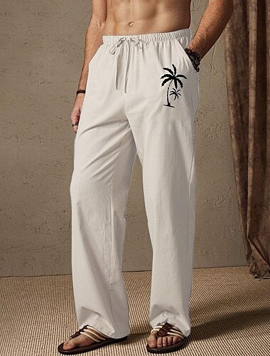  Homens Calça verão Cintura elástica Árvore Coqueiro Conforto Comprimento total Ao ar livre Streetwear Férias Havaiana Branco Azul Micro-Elástica