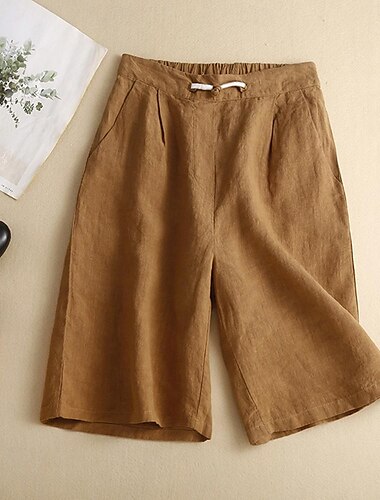  Damen Shorts aus Baumwollleinen Shorts Alltagstauglich Kurz Einfach Kordelzug Seitentaschen Atmungsaktivität Bequem Unelastisch Wochenende Weiß Rosa Grün Khaki Sommer Normale Passform