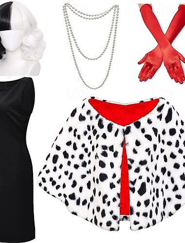  Retro Vintage Até os Joelhos Traje Cosplay Roupa Perucas cosplay Cruella De Vil Bolinhas Dia Das Bruxas Carnaval Baile de Máscaras Festa / Coquetel Festa chique Adulto Todas as Estações
