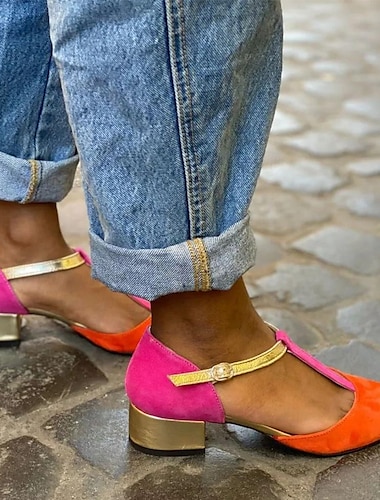  chaussures à talons bas à bride en T à blocs de couleurs pour femmes – chaussures habillées en daim d'inspiration vintage pour tenues décontractées et de fête