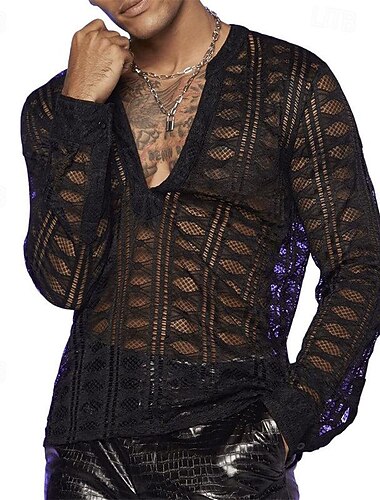  Per uomo Maglietta Camicia a rete Camicia trasparente Camicia a Maniche Lunghe Manica Lunga Scollo a V Estate Semplice Moda Designer Essenziale Pizzo Vacanza Streetwear Uscire Nero Bianco Maglietta