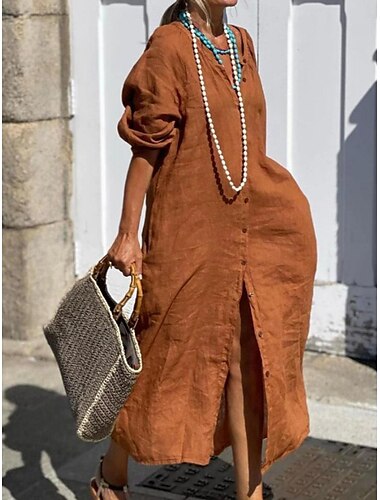  Femmes Noir bleu marine Marron Été Printemps Robe maxi Robes en coton et lin Robe Décontractée Basique Moderne Quotidien Week-end Coupe Ample Uni Col en V