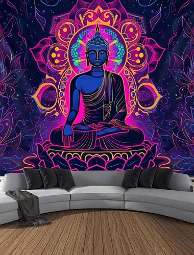  Boho Buddha Schwarzlicht Wandteppich UV reaktiv im Dunkeln leuchtend Glow Party Lotus Trippy Misty Natur Landschaft Hängender Wandteppich Wandbild für Wohnzimmer Schlafzimmer