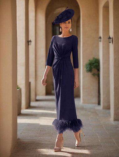  Sheath Mutter der Braut Kleid Hochzeitsgast Elegantes Juwelenausschnitt knielang Stretchstoff Halblange Ärmel mit Feder Stretchkleid 2025 kostenlose Maßanfertigung