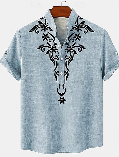  Herren Hemd leinenhemd Henley Shirt Retro-Shirts Vintage-Shirt Ethnisches Hemd Ethnisch Täglich Festtage Blau Beige Grau Kurzarm Stehkragen Sommer Frühling Bekleidung Bedruckt