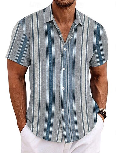  Herren Hemd leinenhemd Retro-Shirts Vintage-Shirt Ethnisches Hemd Schottenstoff Kariert Outdoor Heim Blau Kaki Grau Kurzarm Umlegekragen Sommer Bekleidung