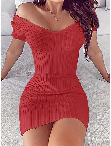  Damen Casual kleid Minikleid Gerippt Verabredung Urlaub Strassenmode Sexy V Ausschnitt Kurzarm Weiß Rosa Rote Farbe