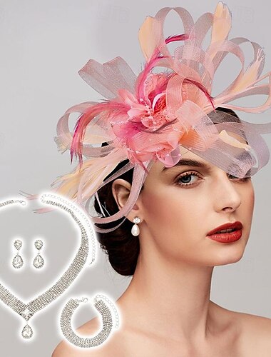  כובעי fascinator אלגנטיים רשת רשת טול כיסוי ראש סרט עם נוצה פרח פרחוני קנטקי דרבי מסיבת תה מסיבת תה מרוץ סוסים כנסייה קוקטייל וינטג' לנשים עם סטים של תכשיטי כלה 1 סט