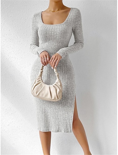  Damen Casual kleid Midikleid Gespleisst Verabredung Urlaub Strassenmode Brautkleider schlicht Quadratischer Ausschnitt Langarm Schwarz Hellgrau Farbe