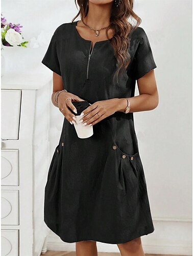  Damen Schwarz Gelb Marineblau Sommer Frühling Minikleid Leinen-inspirierte Kleider Freizeitkleid Shiftkleid Basic Modern Lässig Täglich Wochenende Lässiger Schnitt Einfach Rundhalsausschnitt