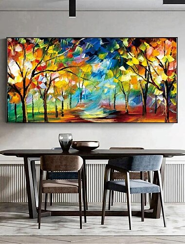  Baum-Ölgemälde, handgefertigte Wandkunst, farbenfrohes Waldgemälde, Leinwand, bunte Bäume, Waldleinwand, farbenfrohe Dschungelleinwand, riesiges Leinwand-Ölgemälde, Wohndekor, Herbst-Leinwandgemälde