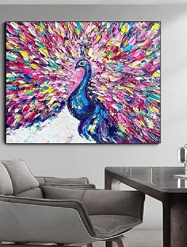  pintura de pavão arte de pássaro pintura a óleo artesanal colorido pavão impasto obra de arte pintura a óleo brilhante arte de parede faca de paleta pássaro brilhante pintura de arte texturizada 3d