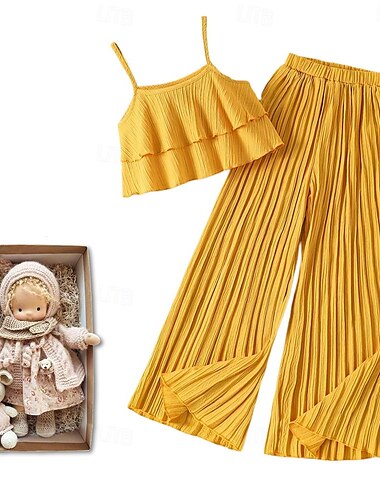  2-teiliges Kinder-Mädchen-Set mit einfarbigen Rüschenhosen und ärmellosem Schulanzug für 7-13 Jahre, Sommer, Gelb, Rosa, Lila, mit 1 Waldorfpuppe