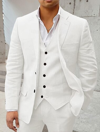  Heren Linnen pakken Strand bruiloft Bruiloft Wit Hemelsblauw Lente, Herfst, Winter, Zomer Pak Inkeping Effen Strak 3-delige set Enkele rij knopen met twee knopen