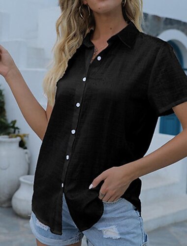  Overhemd Blouse Dames Zwart Wit Blozend Roze Effen nappi Straat Dagelijks Modieus Overhemdkraag Normale pasvorm S