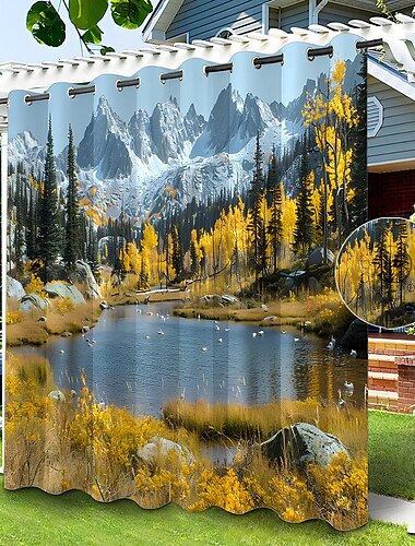  wasserdichter Outdoor Vorhang Sichtschutzvorhang für den Außenbereich, Schiebevorhänge für die Terrasse, Pergolavorhänge mit Ösen, Waldlandschaft für Pavillon, Balkon, Veranda, Party, 1 Panel