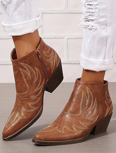  Damen Stiefel Cowgirl-Stiefel Outdoor Täglich Stiefeletten Stiefeletten Reißverschluss Kubanischer Absatz Spitze Zehe Vintage Wanderschuhe PU Reißverschluss Wein