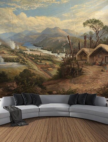  Tapiserie agățată de vaca de deal de țară, artă de perete, tapiserie mare, decor mural, fotografie, fundal, perdea, acasă, dormitor, sufragerie