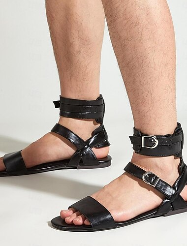 Sandales gladiateur noires pour hommes – Sandales plates en similicuir avec bride à la cheville et fermeture à boucle pour la mode estivale, les tenues de plage et les festivals