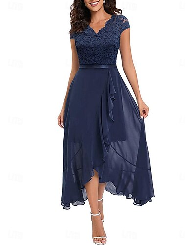  Damen Spitzenkleid Maxidress Spitze Spitze Rüsche kleid hochzeitsgast Cocktailparty Elegant Ausgefallene V Ausschnitt Ärmellos Schwarz Rosa Wein Farbe